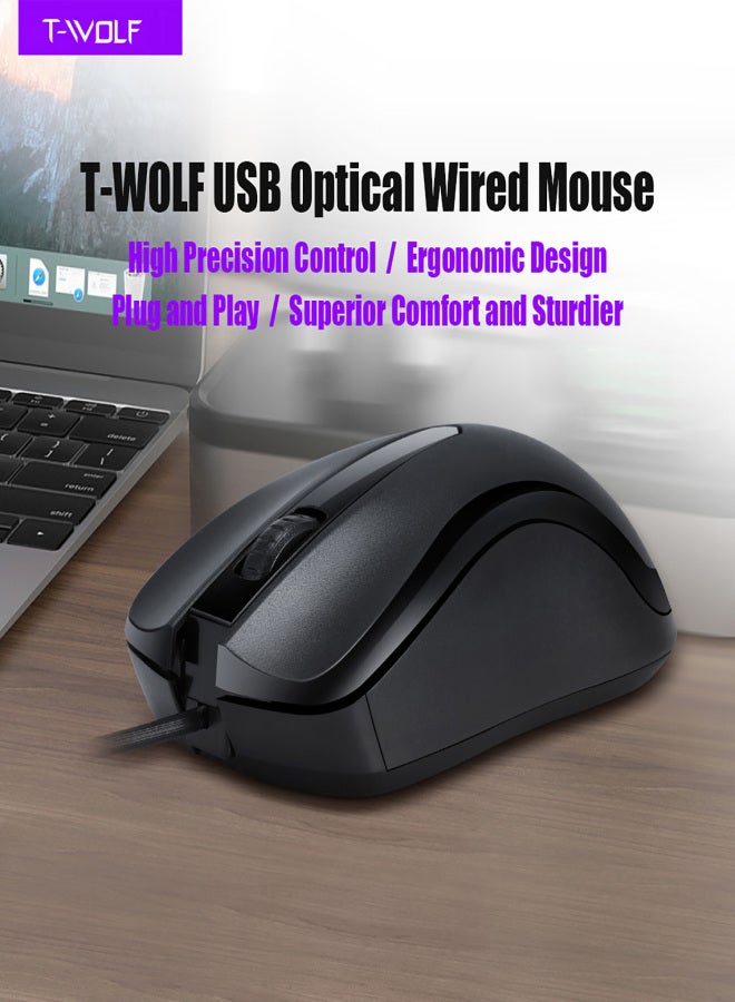 T-WOLF V12 USB Optical Wired with Easy Click Ergonomic Design 1000DPI Premium and Portable Computer Mice Compatible with Windows PC Laptop Desktop for Office and Home - Image 2