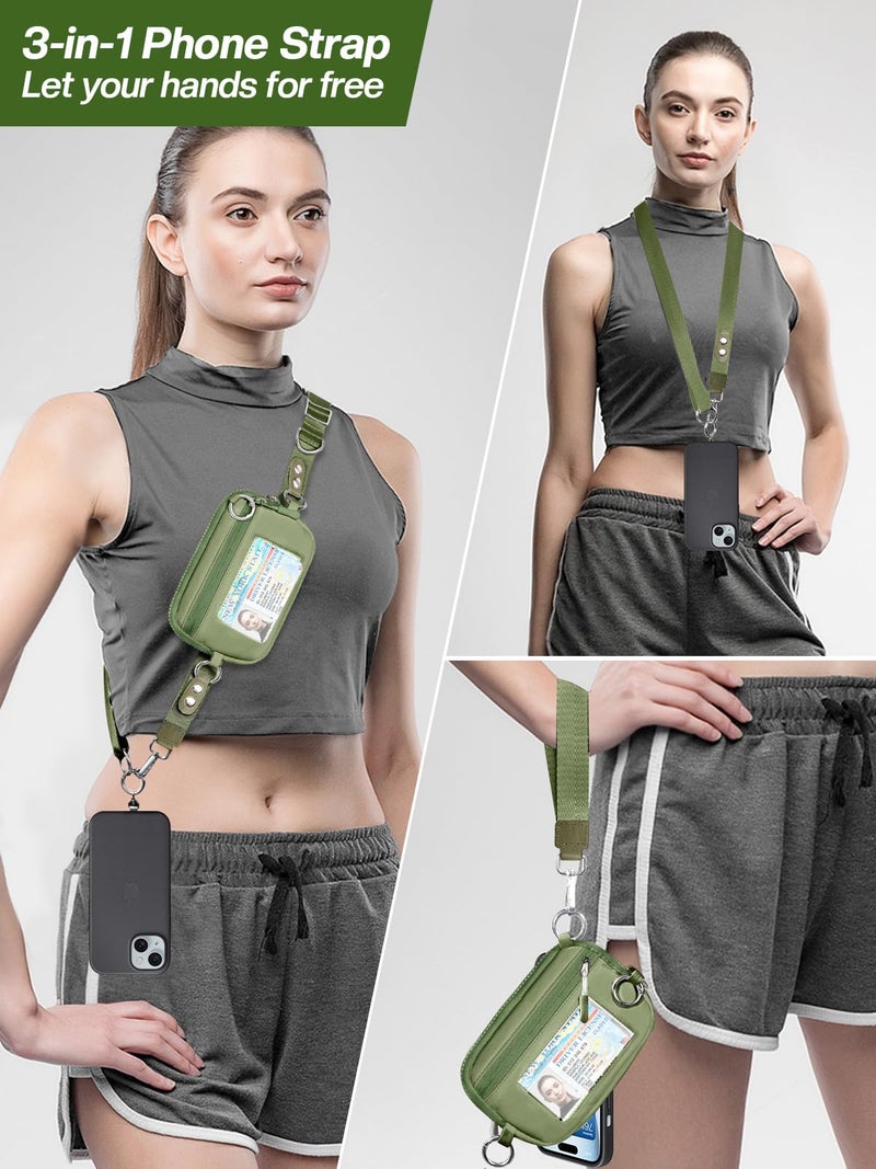 Tiostep Clip and Go Strap for Phone with Wallet Crossbody Phone Lanyard Adjustable and Detachable RFID Wristlet Wallet with ID Window and Zipper, Green - Image 2