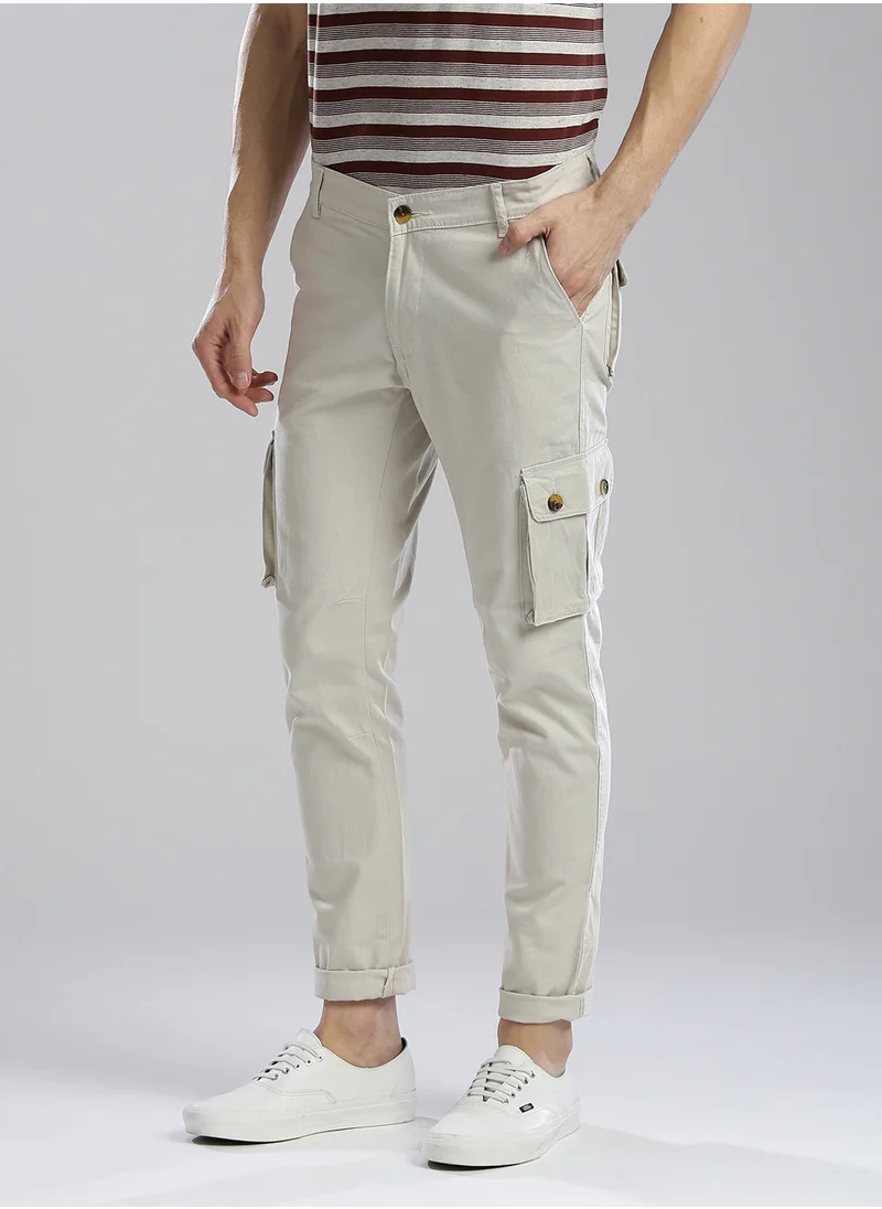 Hubberholme Light Grey Regular Fit Mid-Rise Cargo Trousers for Men