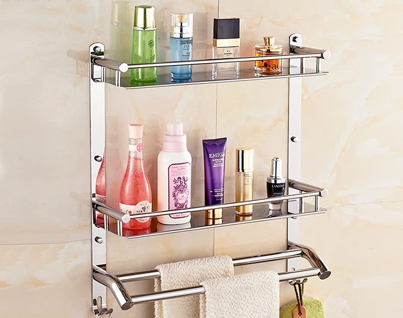 HANDY Self Adhasive Bathroom Accessories Set Stainless Steel 3 Layer Bathroom Shelf | Towel Holder Multipurpose Wall Mount | No-Drill Bathroom Organiser Towel Racks with Hook (16x5x17 inch) - Image 1