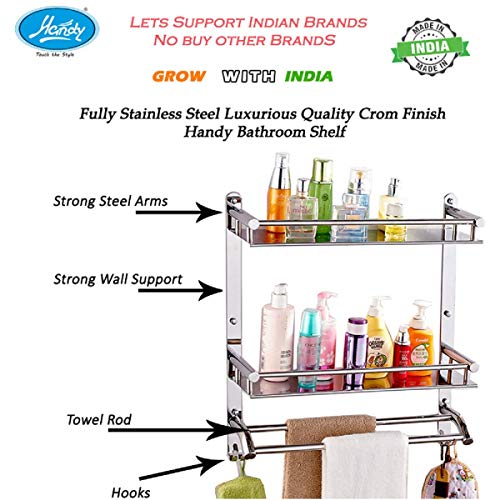 HANDY Self Adhasive Bathroom Accessories Set Stainless Steel 3 Layer Bathroom Shelf | Towel Holder Multipurpose Wall Mount | No-Drill Bathroom Organiser Towel Racks with Hook (16x5x17 inch) - Image 4