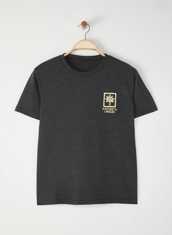 trendyol Anthracite Melange Slim/Slim Cut Printed Cotton Thick T-Shirt T-Shirt  - Image 1