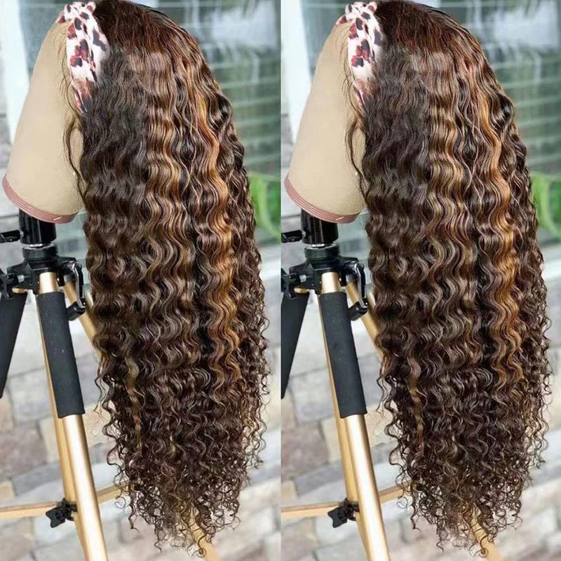XSY Headband Wig Human Hair Highlight Ombre Curly Headband Wigs for Black Women None Lace Front Wigs 150% Density 4/27# Highglight Wig 16 Inch - Image 2