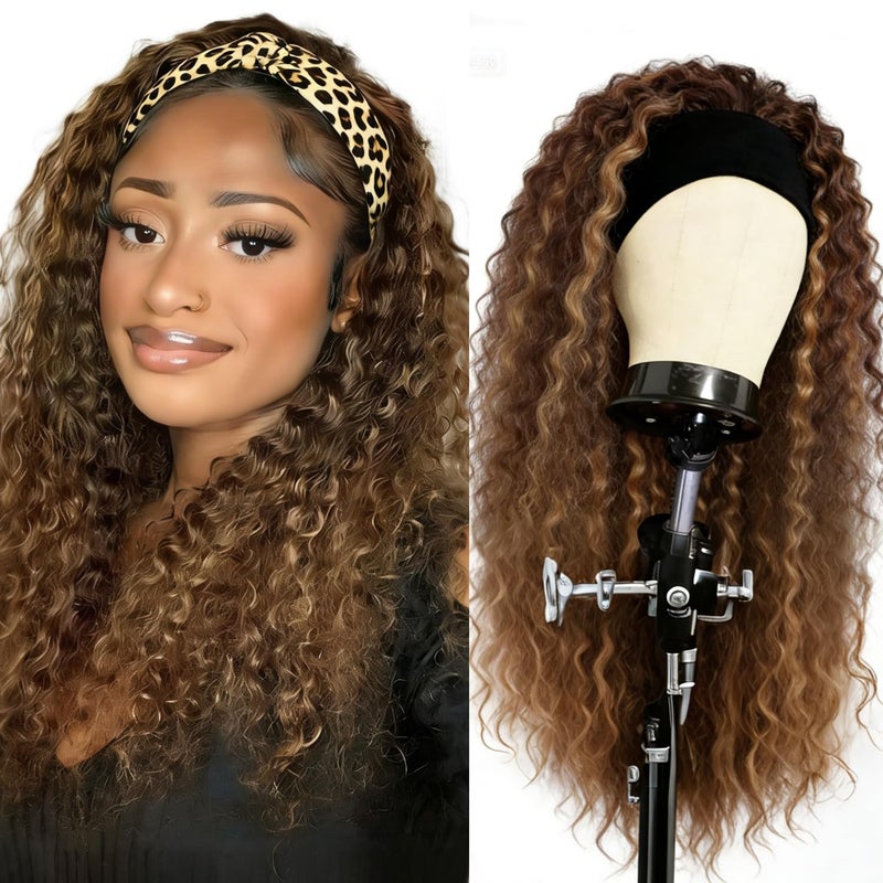 XSY Headband Wig Human Hair Highlight Ombre Curly Headband Wigs for Black Women None Lace Front Wigs 150% Density 4/27# Highglight Wig 16 Inch - Image 1