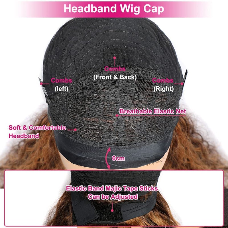 XSY Headband Wig Human Hair Highlight Ombre Curly Headband Wigs for Black Women None Lace Front Wigs 150% Density 4/27# Highglight Wig 16 Inch - Image 4