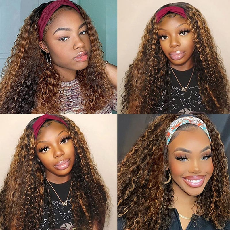 XSY Headband Wig Human Hair Highlight Ombre Curly Headband Wigs for Black Women None Lace Front Wigs 150% Density 4/27# Highglight Wig 16 Inch - Image 5