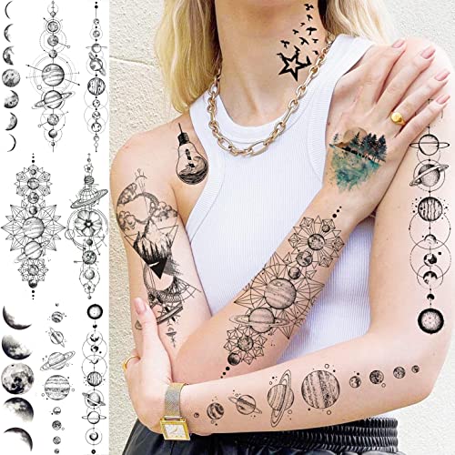 JOEHAPY 33 Sheets Outer Space Temporary Tattoos for Kids Boys Girl Women Men Adults Children, Geometry Astronaut Universe Fake Tattoo Star Moon Solar Syetem - Image 2