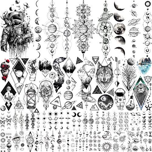 JOEHAPY 33 Sheets Outer Space Temporary Tattoos for Kids Boys Girl Women Men Adults Children, Geometry Astronaut Universe Fake Tattoo Star Moon Solar Syetem - Image 1