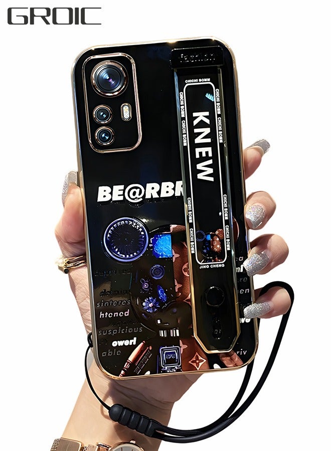 GROIC جراب لطيف لهاتف Xiaomi 12 Pro Case مقاس 6.73 بوصة، جراب هاتف لامع برسومات الدب العنيف الكرتوني مع حزامين للمعصم، جراب هاتف ناعم مقاوم للصدمات من مادة TPU مناسب للنساء والفتيات - Image 1