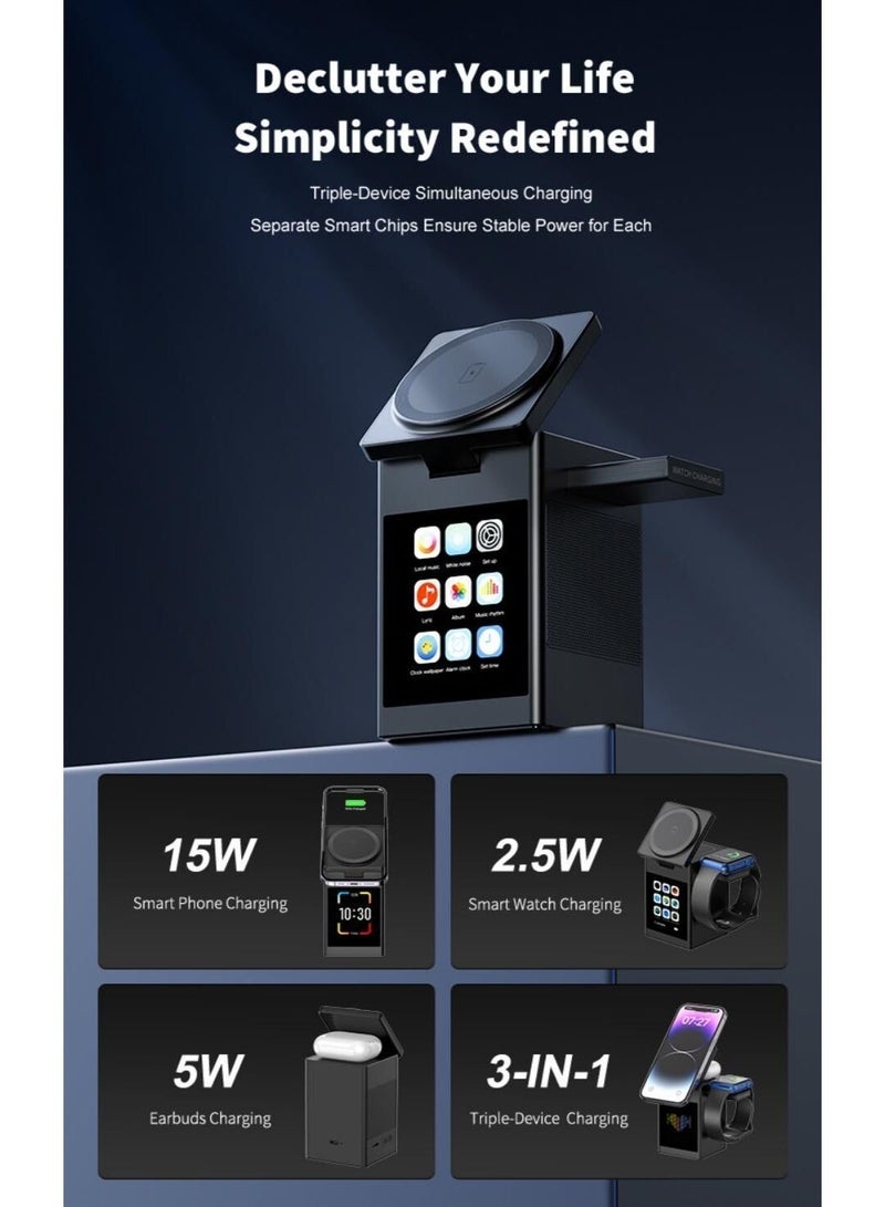 محطة شحن لاسلكية QI2 متعددة الوظائف 15 وات ، مكبر صوت بلوتوث 3 في 1 لجميع موديلات iPhone (MagSafe)، AirPods Pro، Apple Watch، Samsung Galaxy Ultra - Image 5