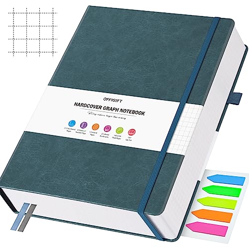 OFFIGIFT Graph Paper Notebook, 312 Numbered Pages A5 Hardcover Leather Journal, 100gsm No Bleed Grid Paper Notebook with Index Pages, Grid Notebook for Graphing Notes Math, 5.75" x 8.38", Grey Blue - Image 1
