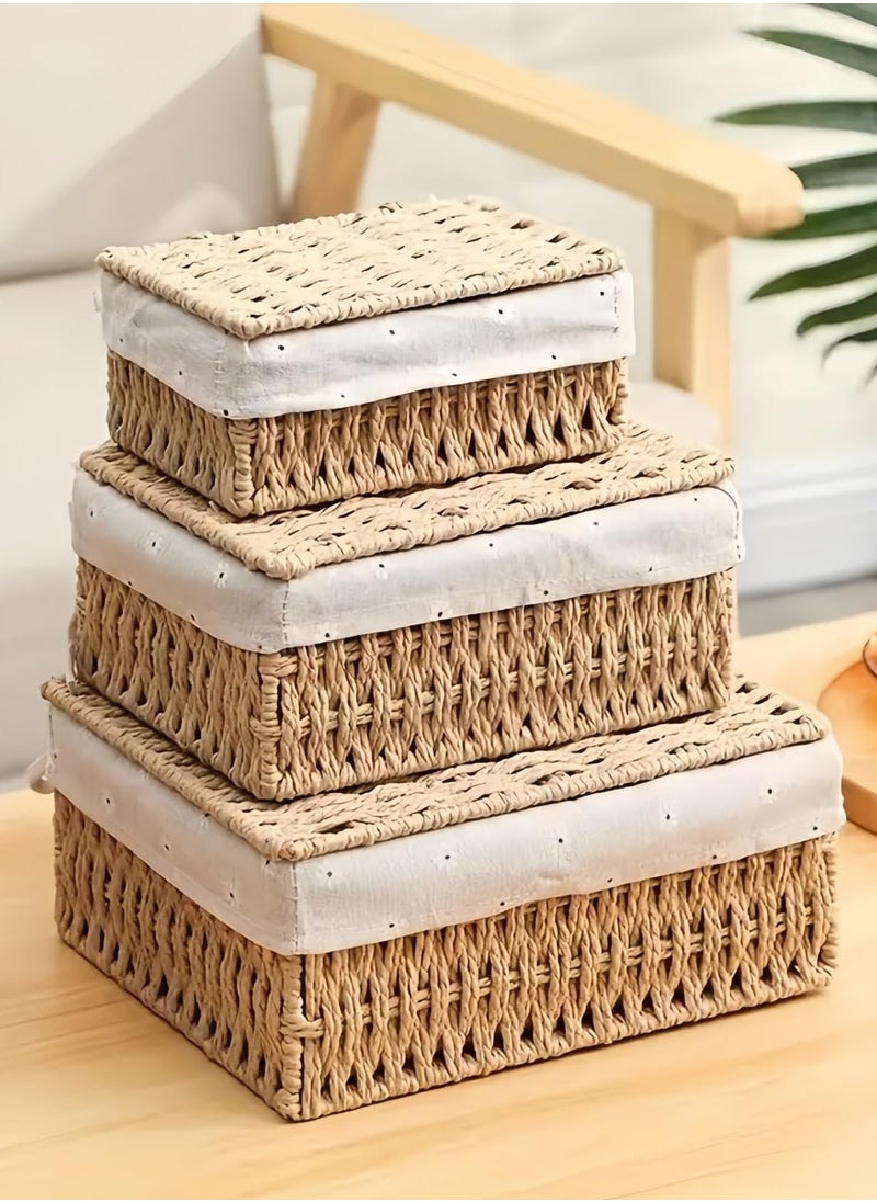 Generic - Small Wicker Baskets with Lids Liner Set of 3 Size Paper Rope Woven Decorative Cute Nesting Storage Baskets for Shelves Rectangular Container Bins for Table Snacks Gifts Makeup Organizer Beige - Image 1