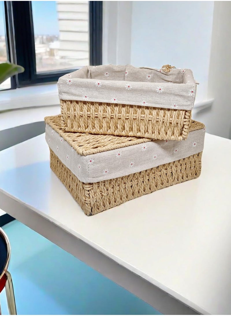 Generic - Small Wicker Baskets with Lids Liner Set of 3 Size Paper Rope Woven Decorative Cute Nesting Storage Baskets for Shelves Rectangular Container Bins for Table Snacks Gifts Makeup Organizer Beige - Image 1