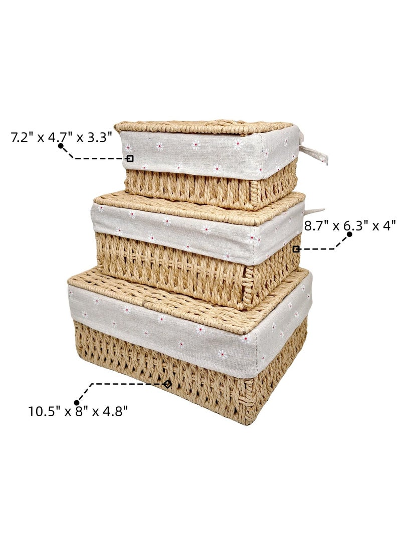 Generic - Small Wicker Baskets with Lids Liner Set of 3 Size Paper Rope Woven Decorative Cute Nesting Storage Baskets for Shelves Rectangular Container Bins for Table Snacks Gifts Makeup Organizer Beige - Image 1