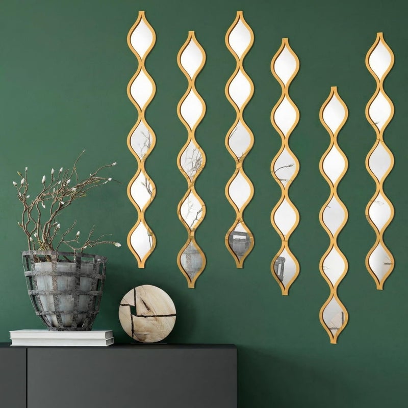 Yulejo 6 Pcs Acrylic Teardrop Mirror Decor - Narrow Wall Decor Boho Vintage Wall Art for Apartment Home Living Room Bathroom Bedroom Hallway (Gold Edge) - Image 1