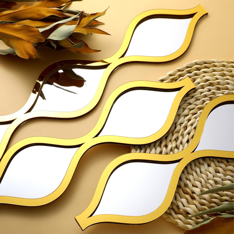 Yulejo 6 Pcs Acrylic Teardrop Mirror Decor - Narrow Wall Decor Boho Vintage Wall Art for Apartment Home Living Room Bathroom Bedroom Hallway (Gold Edge) - Image 3