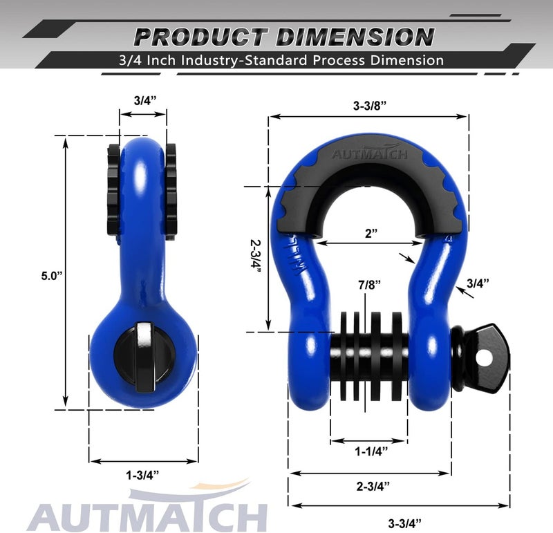 AUTMATCH D Ring Shackle 3/4" Shackles (2 Pack) 41,887Ibs Break Strength - Clevis Shackle with 7/8" Screw Pin and Shackle Isolator Washer Kit for Tow Strap Winch Off Road Vehicle Recovery, Blue & Black - Image 3