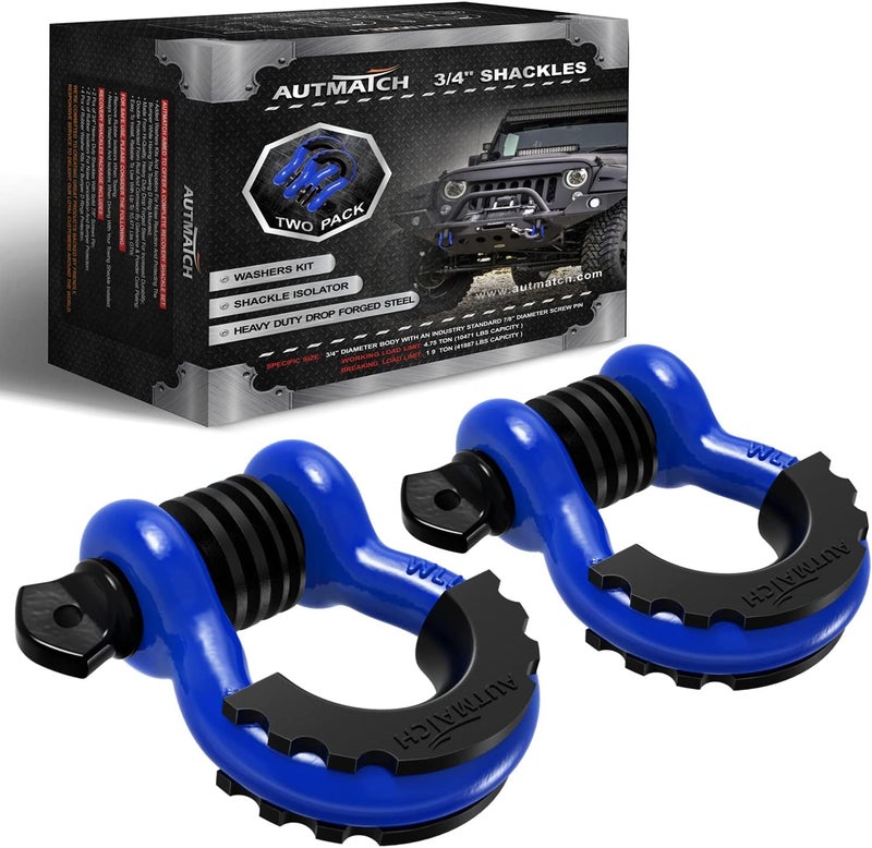 AUTMATCH D Ring Shackle 3/4" Shackles (2 Pack) 41,887Ibs Break Strength - Clevis Shackle with 7/8" Screw Pin and Shackle Isolator Washer Kit for Tow Strap Winch Off Road Vehicle Recovery, Blue & Black - Image 1