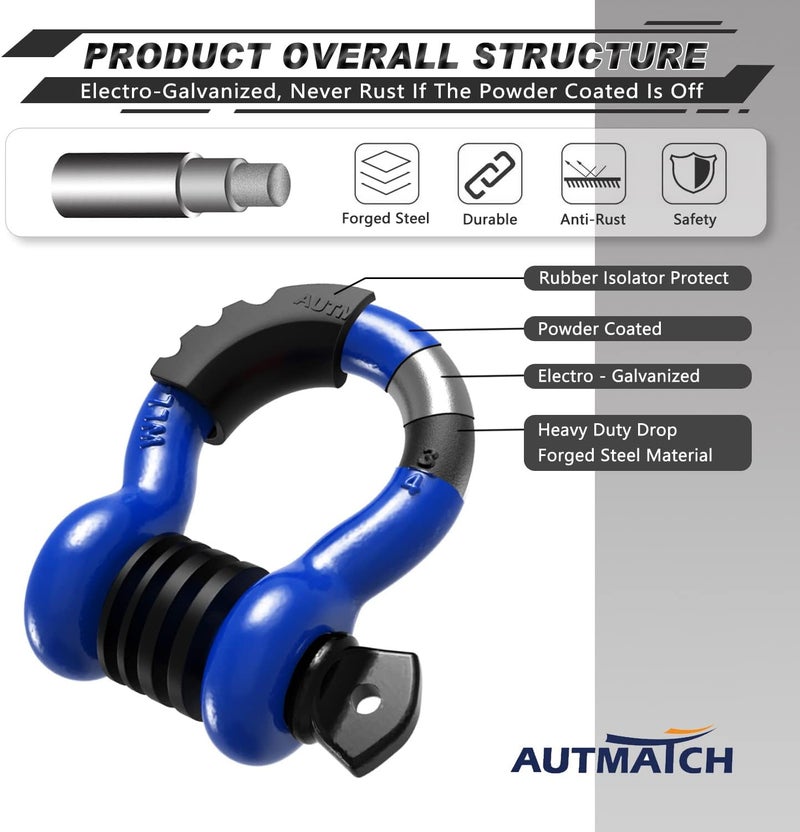 AUTMATCH D Ring Shackle 3/4" Shackles (2 Pack) 41,887Ibs Break Strength - Clevis Shackle with 7/8" Screw Pin and Shackle Isolator Washer Kit for Tow Strap Winch Off Road Vehicle Recovery, Blue & Black - Image 4