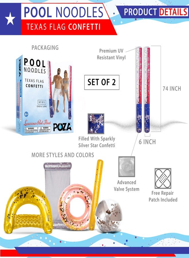 POZA 2 Pack Jumbo Texas Flag Inflatable Pool Noodle Floats - Premium Luxurious Patriotic Pool Toys with Sparkly Silver Star Confetti for Adults and Kids - 74 Inch - Image 2