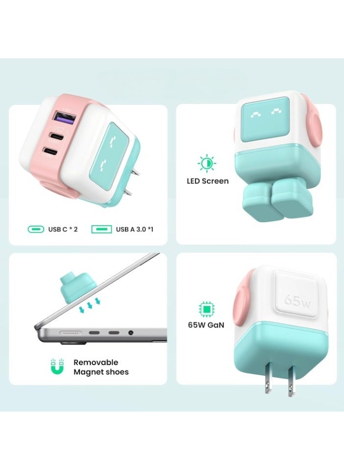 يو جرين شاحن 65 وات USB C 3 منافذ Nexode 65 وات GaN شاشة LED شاحن سريع ومدمج ومضحك من النوع C محول طاقة لجهاز MacBook / HP / Dell / Lenovo iPhone 16 Pro Max Galaxy S25 Ultra Steam Deck - وردي أزرق - Image 3