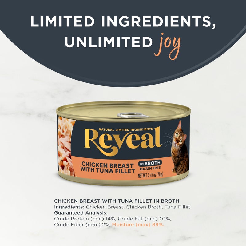 Reveal Natural Wet Canned Cat Food, Limited and Natural Ingredients, Grain Free, High Protein with No Artificial Additives, Chicken Breast with Tuna in Broth (24 x 2.47 oz Cans) - Image 3