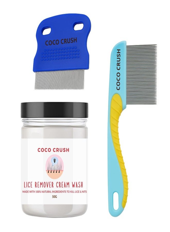 Coco Crush Lice Cream Wash with Dual Comb Kit | Fine Tooth Comb for Nits and Eggs Removal and Long Handle Comb for Lice Removal | Herbal Natural Safe and Chemical-Free Care for Kids and Adults (50g + 2 Comb) - Image 1