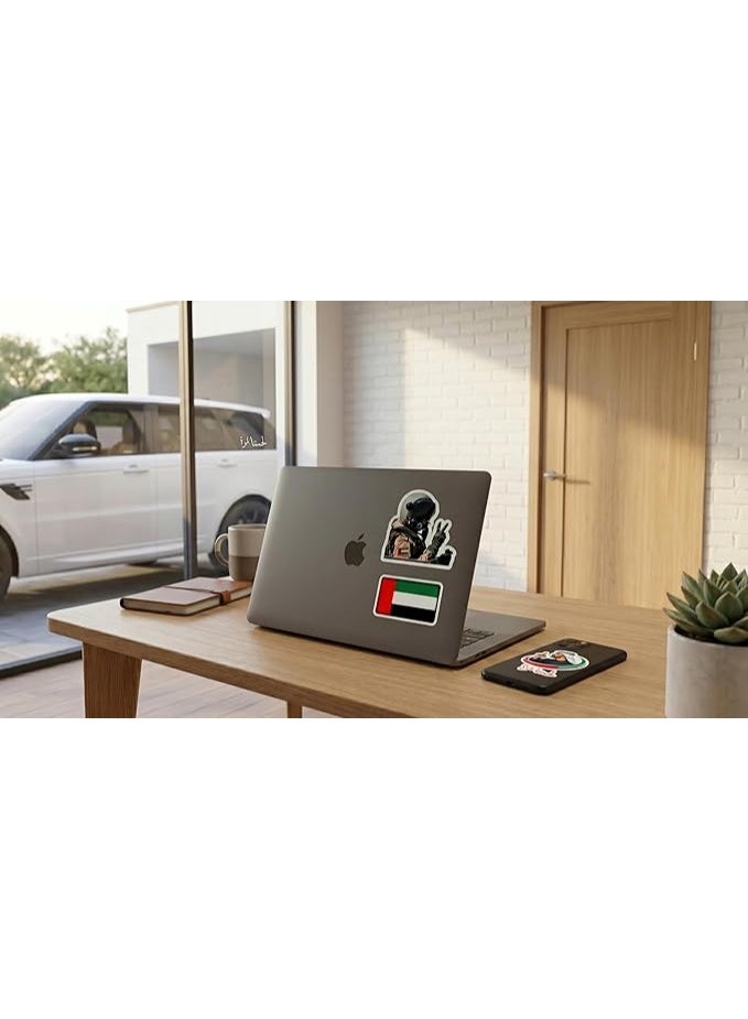 MIRFA Small Vinyl Waterproof Stickers Pack (4 Pieces) – Jet Fighter, UAE Flag & Inspirational Quotes by HH Sheikh Mohammed "حصــنتك بــسـم الله يــا وطـن" and "لحمتنا مره" - Image 2