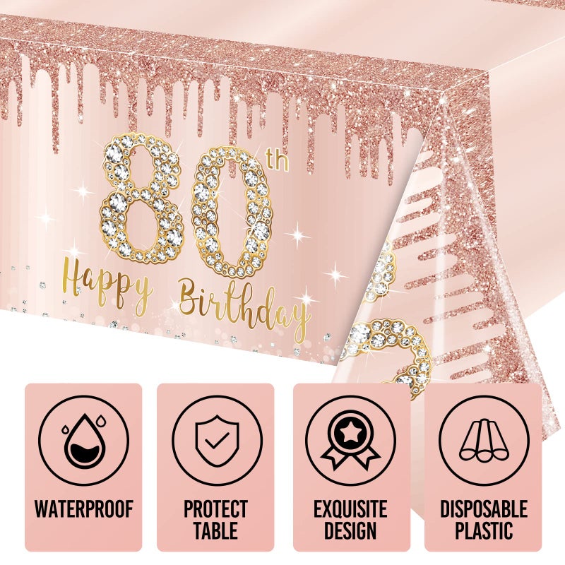 Excelloon 3 Pack 80th Birthday Tablecloth Decorations, Pink Rose Gold Happy 80 Birthday Table Cover, Plastic Disposable Rectangular Table Cloth Decor - Image 3