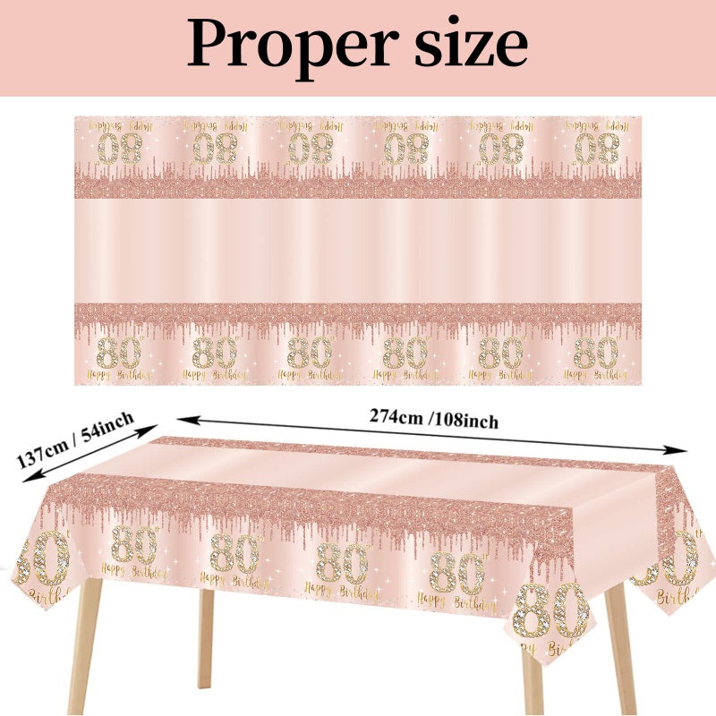 Excelloon 3 Pack 80th Birthday Tablecloth Decorations, Pink Rose Gold Happy 80 Birthday Table Cover, Plastic Disposable Rectangular Table Cloth Decor - Image 2