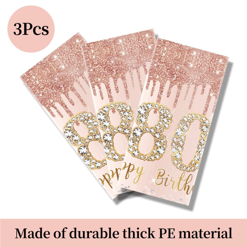Excelloon 3 Pack 80th Birthday Tablecloth Decorations, Pink Rose Gold Happy 80 Birthday Table Cover, Plastic Disposable Rectangular Table Cloth Decor - Image 4