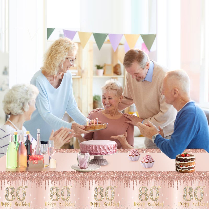 Excelloon 3 Pack 80th Birthday Tablecloth Decorations, Pink Rose Gold Happy 80 Birthday Table Cover, Plastic Disposable Rectangular Table Cloth Decor - Image 5