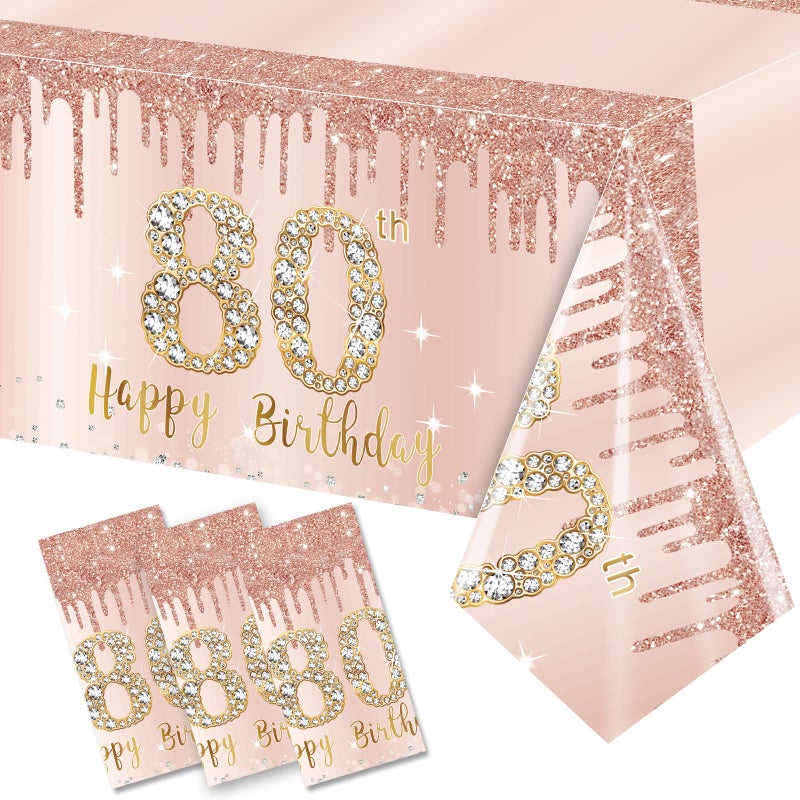 Excelloon 3 Pack 80th Birthday Tablecloth Decorations, Pink Rose Gold Happy 80 Birthday Table Cover, Plastic Disposable Rectangular Table Cloth Decor - Image 1
