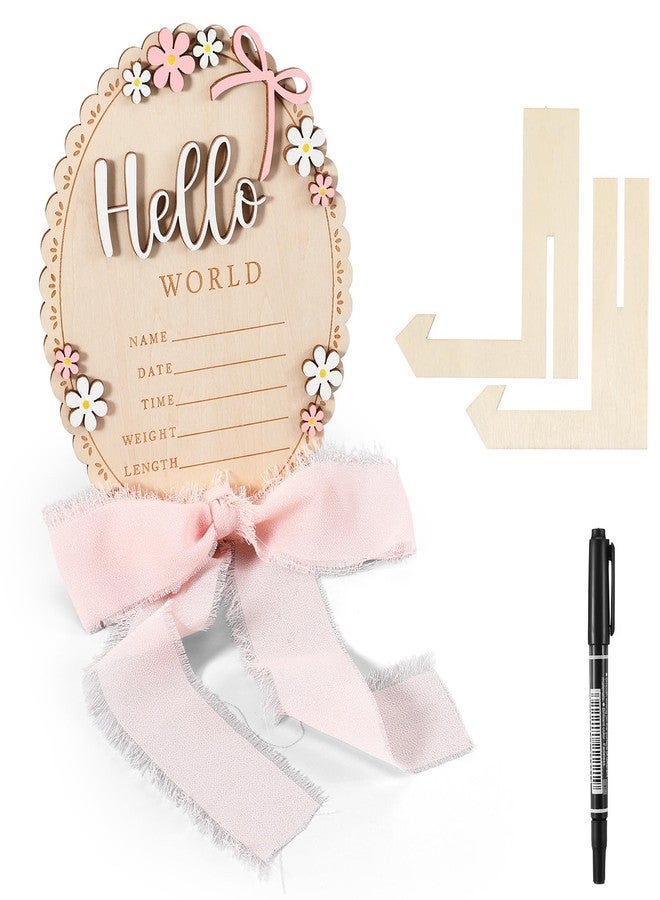 Tucnoeu Baby Announcement Sign, Wooden Hello World Newborn Welcome Sign, Bow Birth Stats Signs Newborn Photo Prop, Monthly Milestone Wood Discs(Ribbon) - Image 1