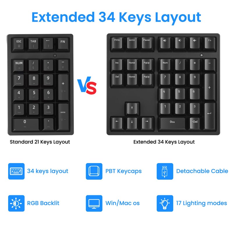 Gurjot Number Pad, Mechanical USB Wired Numeric Keypad with RGB LED Backlit,34 Keys Numpad Keyboard with PBT Keycaps Blue Switches for Windows/Mac Laptop,Computer,Desktop,PC,Notebook (Black) - Image 2
