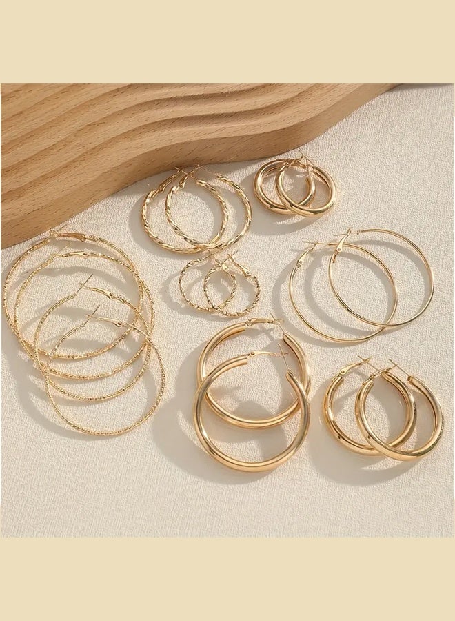 Ready For Chai Simple And Fashionable Size Ring Flat Twist Ripple Glitter Earring Set, Golden And Silvery Color Optional Ring Earring Set 8 Pairs - Image 4