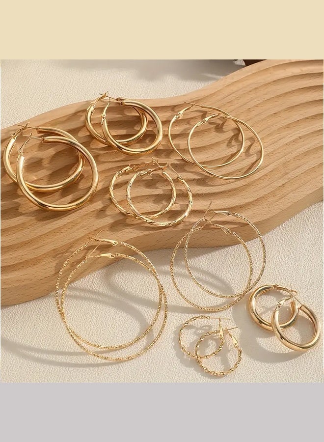 Ready For Chai Simple And Fashionable Size Ring Flat Twist Ripple Glitter Earring Set, Golden And Silvery Color Optional Ring Earring Set 8 Pairs - Image 1