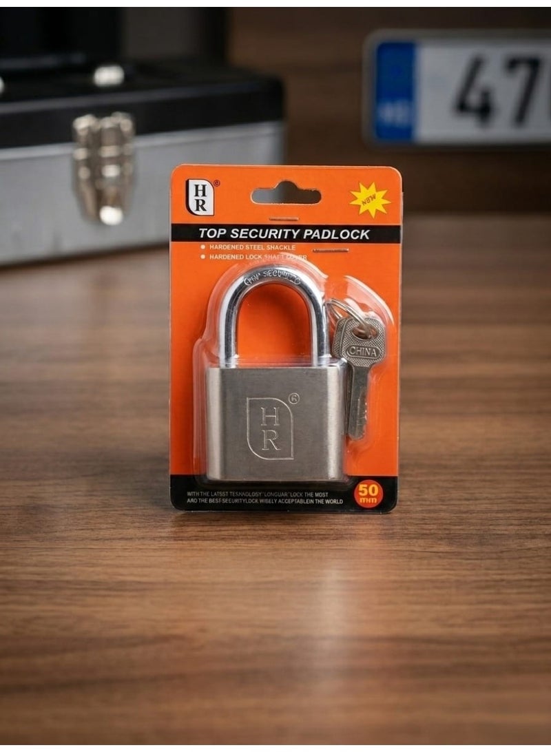 HR ‏Heavy Duty Solid Security Padlock ، Padlock with Keys ، Door and Warehouse Lock 50mm Size ، Padlock with 3 Keys Set ، Keyed Door Lock ، Hardened Steel Shackle for High Protection ، Lock for Doors ، Steel Iron Padlock ، Padlocks for Gates ، Security Lock for Homes Offices and Shops ، Lock with Internal Steel Ball System to Prevent Forced Breaking ، Door Locks ، Padlock Resistant to Master Keys and Theft Tools ، Anti Rust External and Internal Lock ، Durable Design for Protecting Warehouses and Garages ، Advanced Technology Security Lock to Prevent Unauthorized Duplication ، Heavy Duty Lock for Stores and Companies ، Ultimate Protection for Important and Family Places ، High Quality Mechanical Lock with Special Security Keys ، Anti Pick and Manual Opening Lock ، Perfect Security for Iron and Wooden Gates ، Weather Resistant Padlock for Harsh Conditions ، Integrated Security Solutions for Private Property. - Image 1
