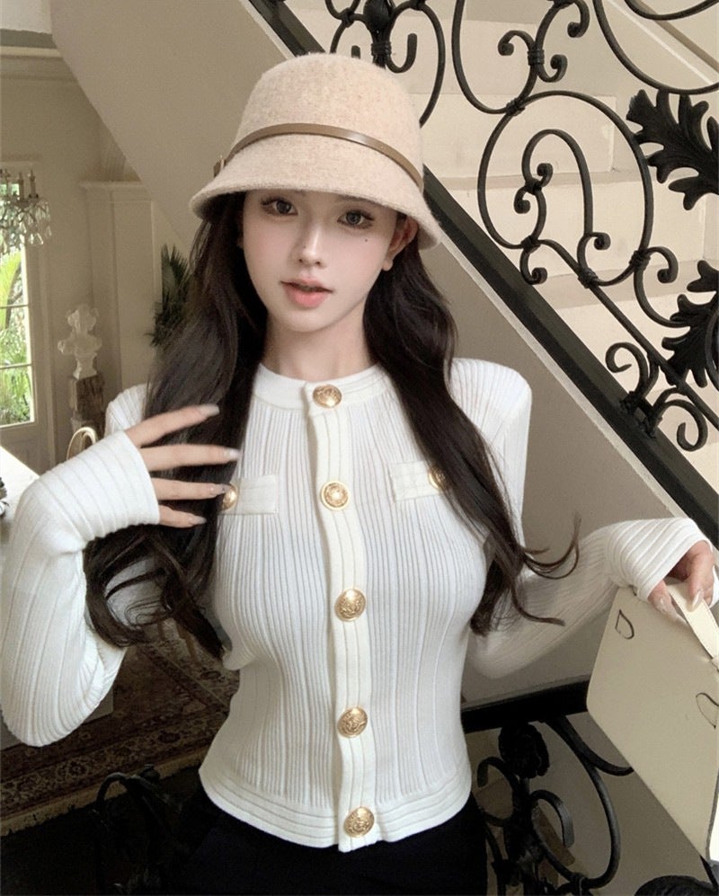 Chanel style knitted top for women 2023 autumn and winter new online celebrity short slim slimming long sleeve sweater Black 188 - Image 2