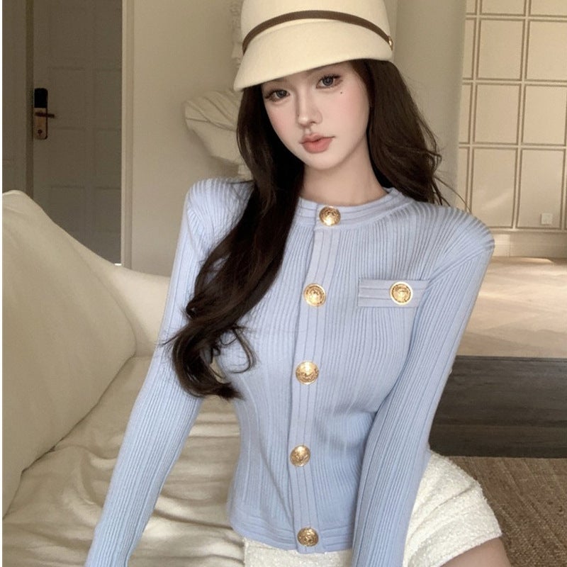 Chanel style knitted top for women 2023 autumn and winter new online celebrity short slim slimming long sleeve sweater Black 188 - Image 3