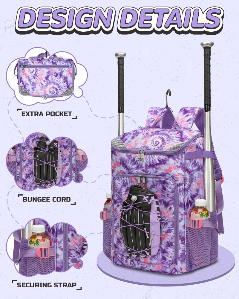 FOKDUVB Baseball Softball Gear Bag Backpack for Boys Girls Ages 8-12 12-14 Large Kids Youth Bat Bag with Ventilated Shoe Compartment Baseball Softball Players Stuff Supplies (Light Purple, Tie-Dye) - Image 4