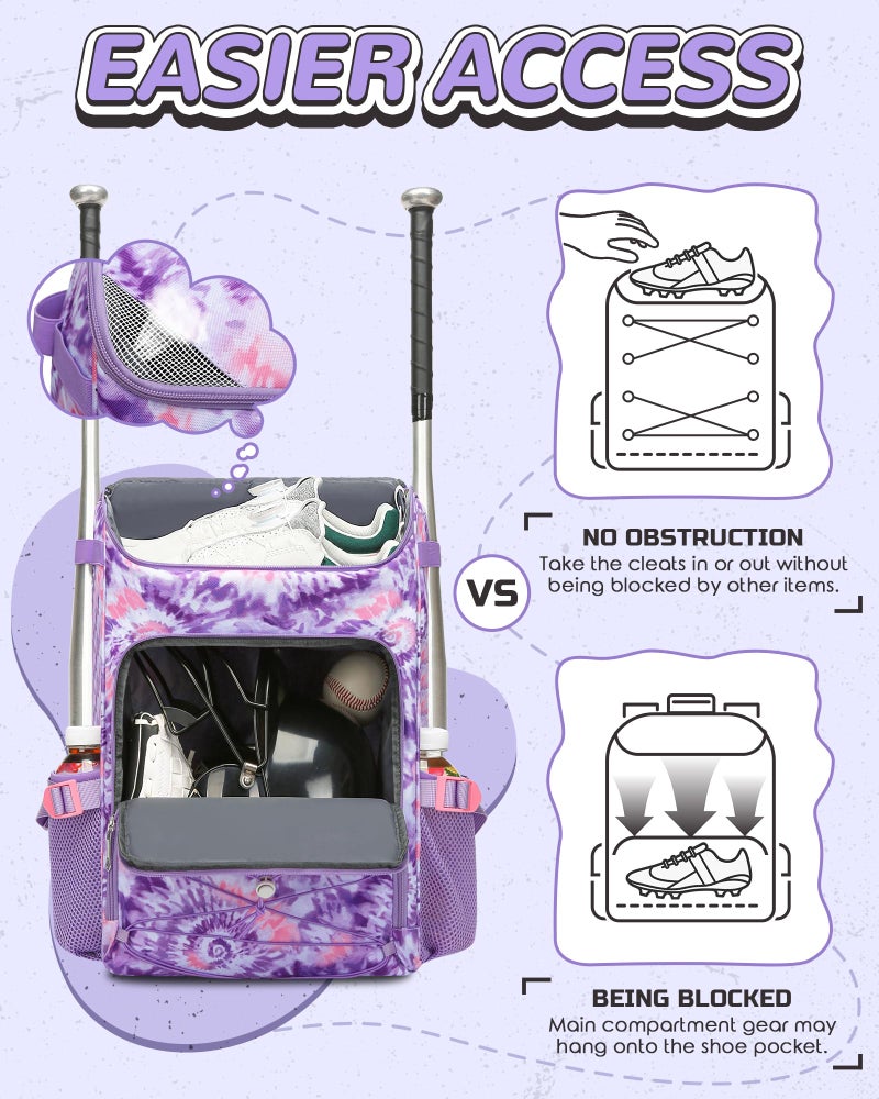FOKDUVB Baseball Softball Gear Bag Backpack for Boys Girls Ages 8-12 12-14 Large Kids Youth Bat Bag with Ventilated Shoe Compartment Baseball Softball Players Stuff Supplies (Light Purple, Tie-Dye) - Image 3