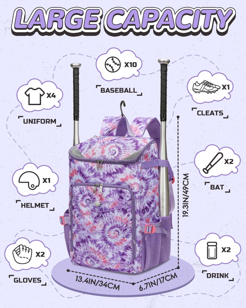 FOKDUVB Baseball Softball Gear Bag Backpack for Boys Girls Ages 8-12 12-14 Large Kids Youth Bat Bag with Ventilated Shoe Compartment Baseball Softball Players Stuff Supplies (Light Purple, Tie-Dye) - Image 2