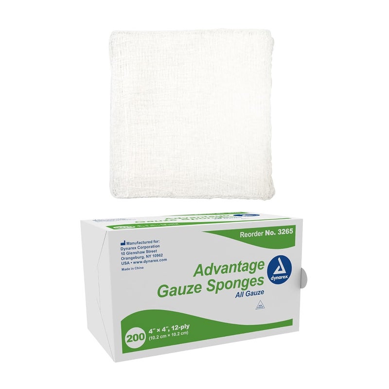 Dynarex Advantage Woven Gauze Sponges 4 x 4 NonSterile 12Ply Absorbent Cotton Gauze Pads for Wound Dressing 200Count Box - Image 1