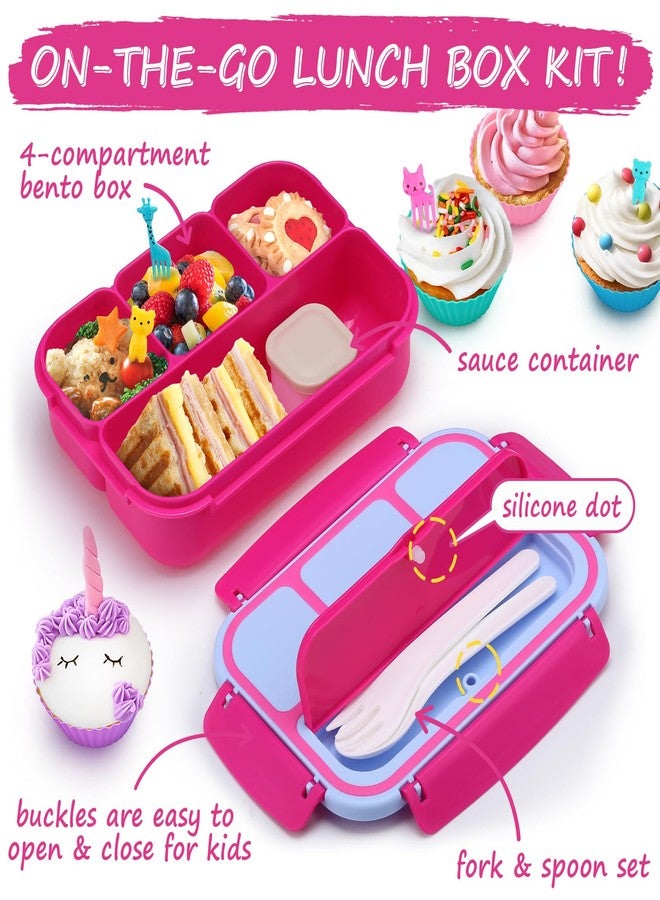 QQKO Bento Box for Kids Adults, School Toddler Lunch Box for Boys Girls, Lunch Box Containers with 4 Compartments, Sauce Container, Utensils, Food Picks and Muffin Cups for School, Pink Blue - Image 3