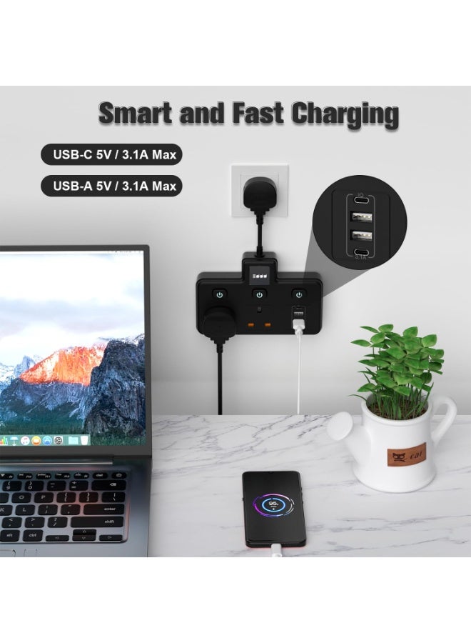 Multi Plug with USB Slots, 2 Way Wall Extension Plug with Individual Switched & LED light, Double Plug Adapter UK, Short Extension Cord Power Strip for Home, Office, and Kitchen (13A, 3250W) - Image 4