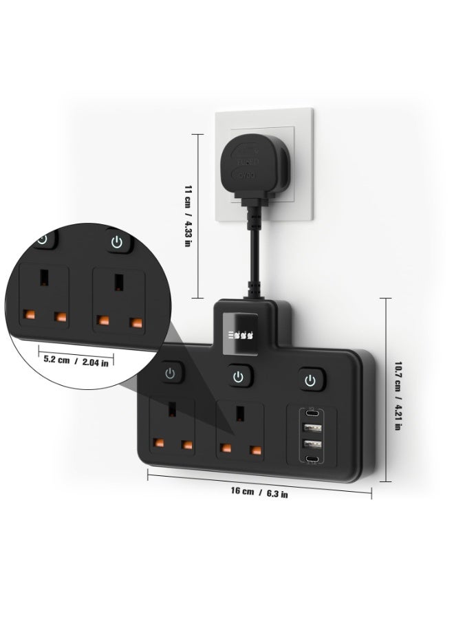Multi Plug with USB Slots, 2 Way Wall Extension Plug with Individual Switched & LED light, Double Plug Adapter UK, Short Extension Cord Power Strip for Home, Office, and Kitchen (13A, 3250W) - Image 5