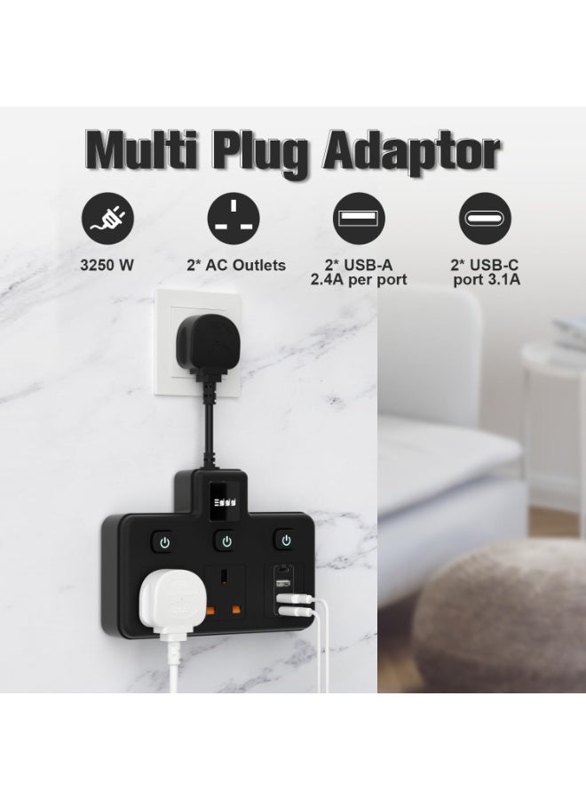Multi Plug with USB Slots, 2 Way Wall Extension Plug with Individual Switched & LED light, Double Plug Adapter UK, Short Extension Cord Power Strip for Home, Office, and Kitchen (13A, 3250W) - Image 2