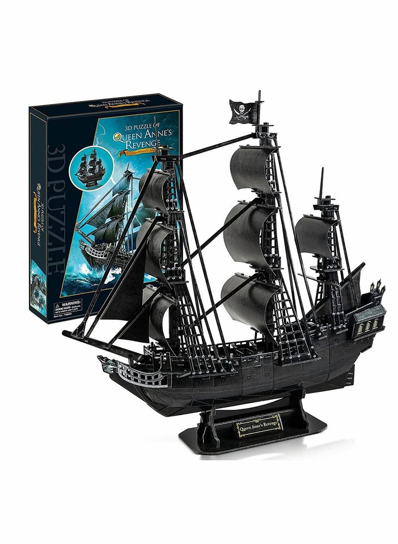 3D Puzzles for Adults Black Pirate Ship Model Kit, Third Generation Upgrade Queen Anne's Revenge Sailboat Building Kits Family Puzzle, Watercraft Desk Decor Gifts for Women Men, 180 Pieces  - Image 1
