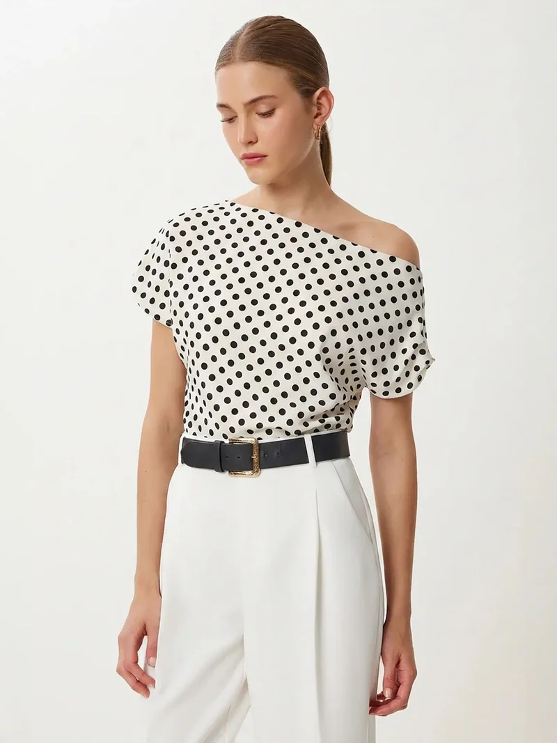 السعادة في إسطنبول ISTANBUL Off-Shoulder Polka Dot Poplin Blouse